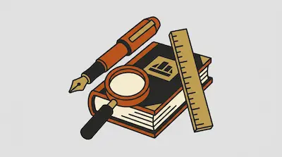 A book, fountain pen, magnifying glass, and ruler are grouped together in a stylized graphic.