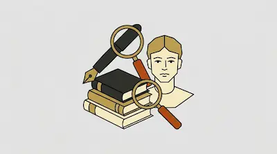 Flat illustration of a stack of books, two magnifying glasses, a fountain pen, and a human bust on a gray background