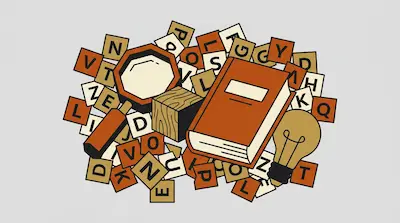 Flat illustration of a book, a magnifying glass, and a lightbulb over a pile of letter tiles on a gray background
