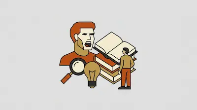 Flat illustration of a large shouting face, a stack of books, a magnifying glass, and a lightbulb on a gray background