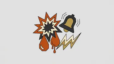 Flat illustration of a ringing bell, a jagged lightning bolt, and a starburst explosion on a light gray background.