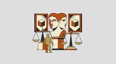 Flat illustration of a two-faced Janus bust, scales of justice, and a human silhouette in orange and black tones