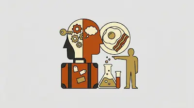 Flat illustration of a head with gears, a suitcase, and a plate of eggs and bacon in a minimalist graphic style.