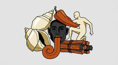 Flat illustration of a dark face with a long tongue, a conch shell, a chili pepper, and a kneeling human figure