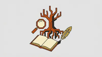A graphic featuring a leafless tree with roots, a magnifying glass, an open book, and a quill pen.