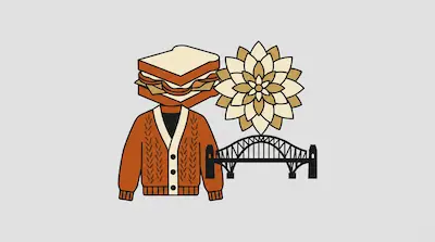 A figure with a sandwich for a head wearing a brown cardigan stands next to a large geometric flower and a black bridge silhouette.