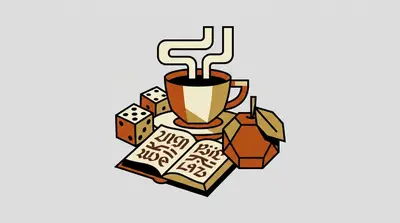 A steaming coffee cup on a saucer, two dice, an open book with ornate script, and a round fruit with a leaf.