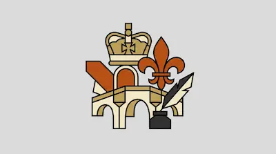 A stylized graphic featuring a crown, a fleur-de-lis, a stone bridge, and a quill in an inkwell.