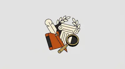 A quill, a book, a classical column, a magnifying glass, and a laurel wreath are grouped together.