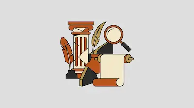 A stylized arrangement of a classical column, two quill pens, an inkwell, a magnifying glass, and a scroll.