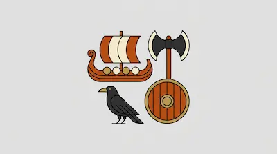 Stylized icons of a Viking longship, a double-headed axe, a black raven, and a round wooden shield.