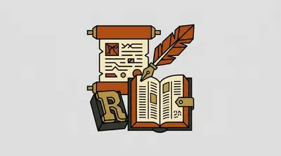 A scroll with markings, a feather quill pen, an open book with a clasp, and a printing block stamped with the letter R.