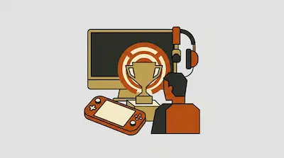 A computer monitor, handheld gaming console, trophy, headset, and a stylized person are grouped together.