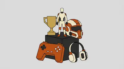 A gold trophy, a character figure, a futuristic helmet, a game controller, and a headset are arranged around a black cube.