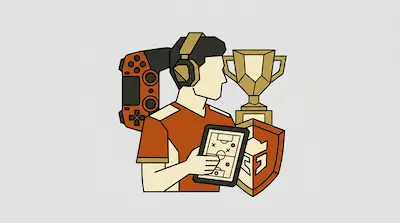 A person wearing a headset and jersey holds a tablet with a sports play diagram, surrounded by a game controller, a trophy, and a shield.