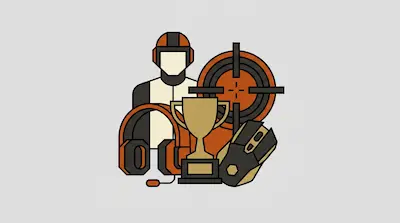 Stylized icons of a gamer avatar, a target crosshair, a headset, a trophy, and a computer mouse.