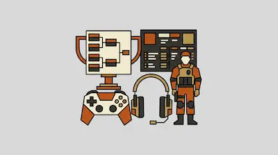 Stylized gaming icons featuring a tournament bracket trophy, a game controller, a headset, and a character in tactical gear.