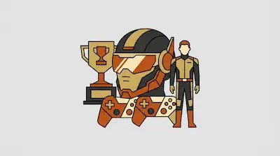 A futuristic helmet, a trophy, two game controllers, and a small figure in a matching suit, all in an orange and black color scheme.