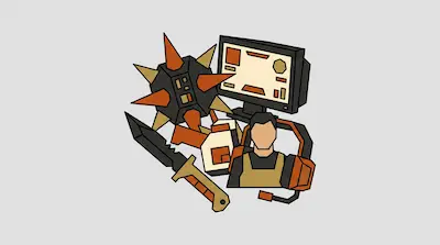 A collection of stylized icons including a spiked ball, a computer monitor, a combat knife, and a character wearing a headset and tactical vest.
