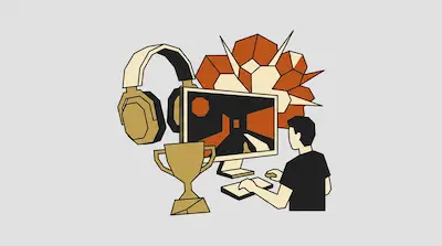 A person plays a video game on a computer monitor, surrounded by a large pair of headphones, a trophy, and a geometric background.