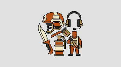 Tactical equipment icons including a helmet, headset, knife, grenade, and a soldier figure in orange and tan.