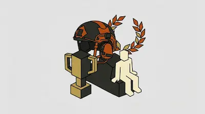 A black and orange tactical helmet, a gold trophy, a laurel wreath, and a stylized white figure sitting on a block.