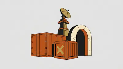 An orange shipping container and a wooden crate with an 'X' sit in front of a satellite dish tower and an arched doorway.