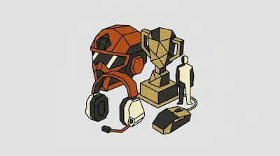 An orange geometric helmet and headset next to a gold trophy, a computer mouse, and a small figure.