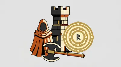 A hooded figure in a brown cloak, a black and white chess rook, a double-headed axe, and a golden circular emblem with a rune.