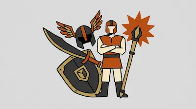 A warrior figure stands with arms crossed next to a winged helmet, a curved sword, a shield, and a staff with a glowing orange starburst.