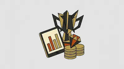 A geometric trophy, a tablet displaying a bar chart, a faceted diamond, and stacks of coins.