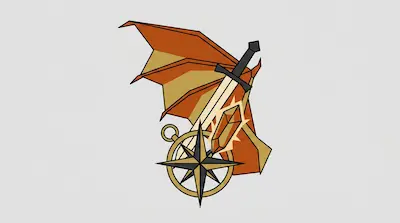 An orange dragon wing, a sword, a compass rose, and a glowing orange crystal are layered together.