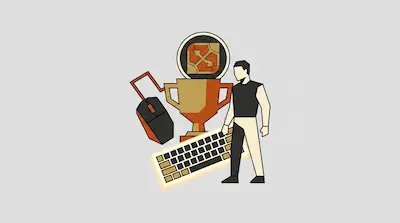 A stylized person stands next to a trophy, a computer mouse, and a keyboard.