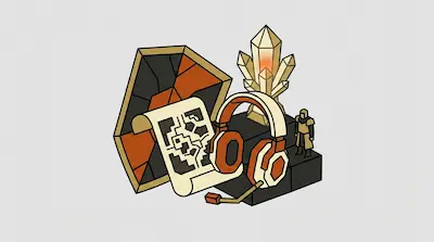 A gaming headset, map scroll, shield, and crystal cluster arranged on black blocks with a small knight figure.