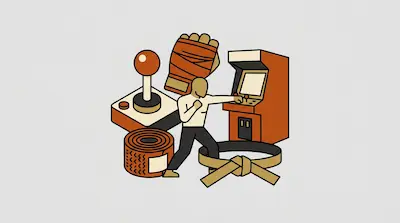 Flat illustration of a boxer surrounded by an arcade cabinet, a joystick, and a martial arts belt on a gray background