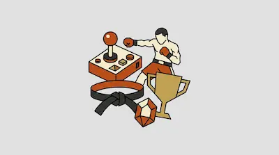 Flat illustration of a boxer, an arcade joystick, a trophy, and a black belt on a light gray background