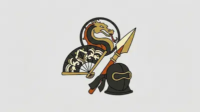 Flat illustration of a dragon emblem, a decorative folding fan, a spear, and a ninja mask on a light gray background