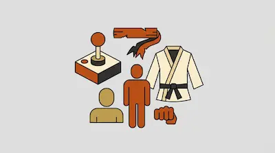 Flat illustration of a karate gi, a joystick, and human silhouettes representing martial arts gaming on a gray background