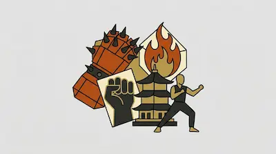Flat illustration of a spiked gauntlet, a martial artist, and a pagoda temple on a light gray background