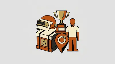 A group of stylized icons featuring a combat helmet, a supply crate, a trophy, a shield, and a human figure.