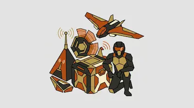 A soldier in futuristic armor kneels next to a supply crate, surrounded by a communication tower, radar dish, and a flying aircraft.