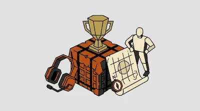 A gold trophy sits atop an orange crate, surrounded by gaming headphones, a map with a compass, and a faceless humanoid figure.