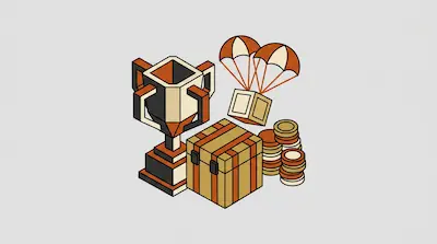 An isometric trophy, a large chest, a crate with parachutes, and stacks of coins.