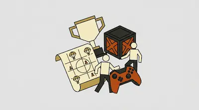 A trophy, a crate, a map with parachute icons, two figures, and a game controller are grouped together.