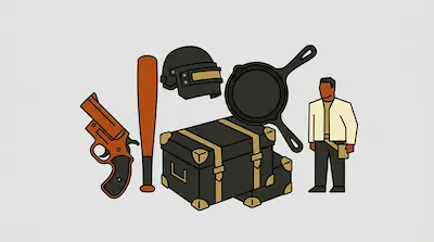 A flare gun, baseball bat, helmet, frying pan, loot crate, and a character figure are arranged in a group.
