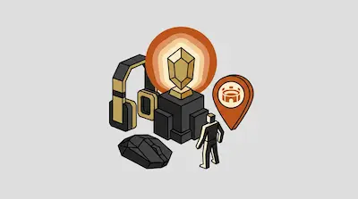 A gold trophy on a pedestal surrounded by a pair of headphones, a computer mouse, a small figure, and a map pin with a stadium icon.