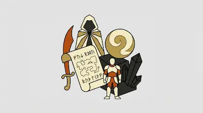 A collection of fantasy icons including a hooded figure, a curved sword, a map with runes, a suit of armor, a swirled orb, and dark crystals.