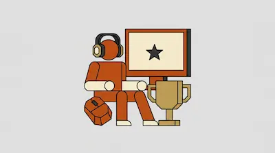 A stylized figure wearing headphones sits at a computer monitor displaying a star, with a trophy and a mouse nearby.