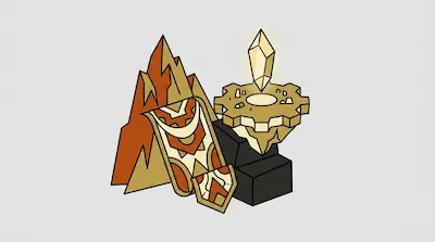 A jagged orange mountain, a patterned shield, and a glowing crystal floating above a golden gear platform.