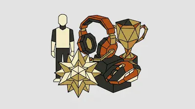 A person, a headset, a trophy, a star, and a computer mouse in a low-poly geometric style.